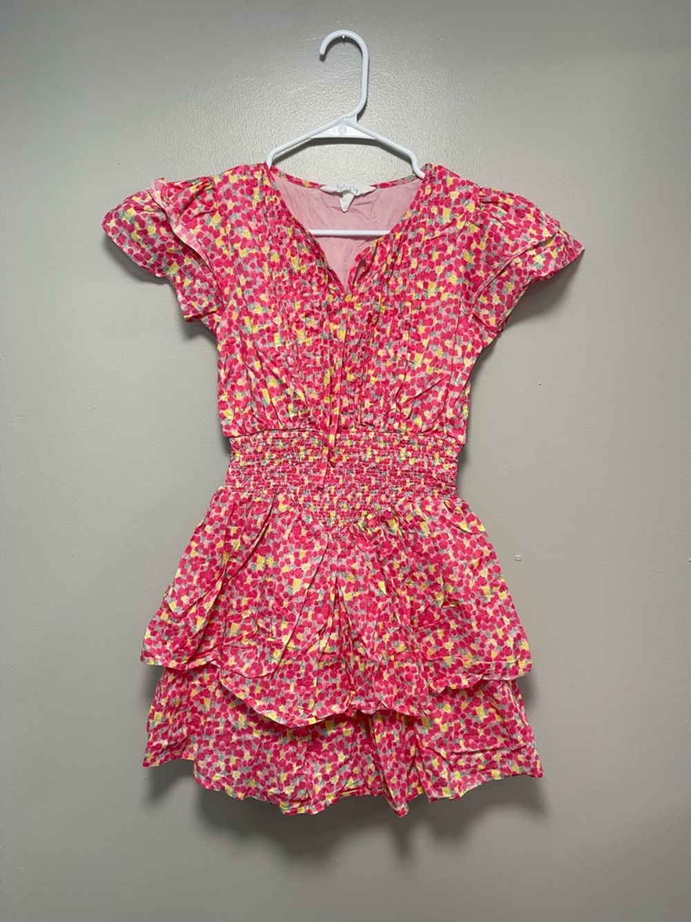 100% Cotton Pink Yellow Floral Smocked Waist Ruffle Dress